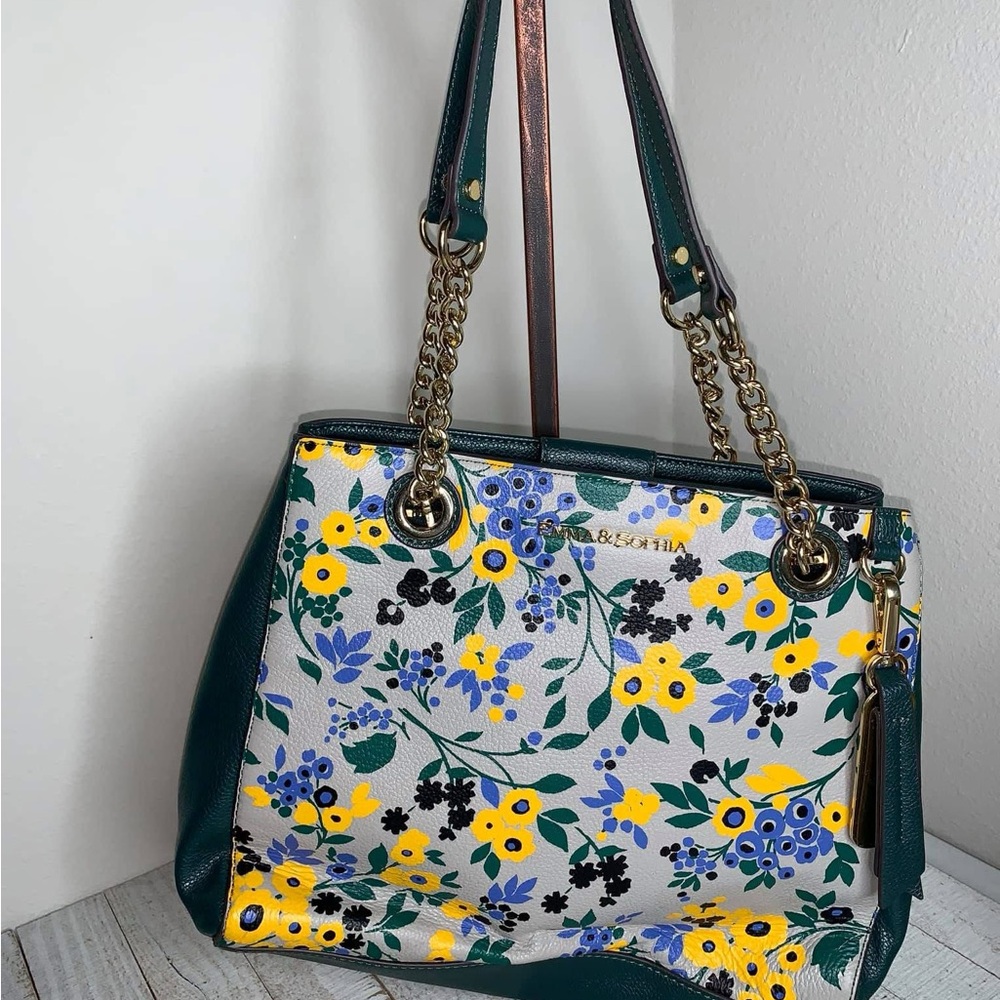 Elegant Emma & Sophia, Leather, Floral Shoulder Bag with Chain Straps